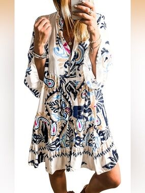 Milina Tiered Boho Dress in Cream with Teal & Navy Print - Large